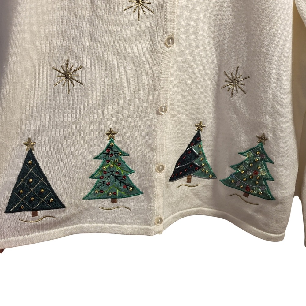 Croft & Barrow Women's Cream Christmas Tree Cardigan Sweater Size L - Picture 2 of 5
